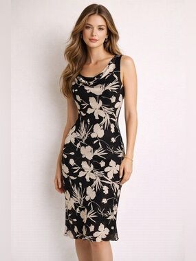 Pendleton 100% Silk Black White Floral Midi Dress Size 12 Lined Elegant